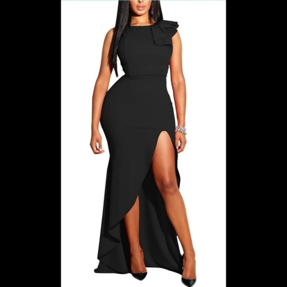 Mizoci Long Black Evening Gown Formal Sexy Ruffles Sleeveless Side Split Size Sm